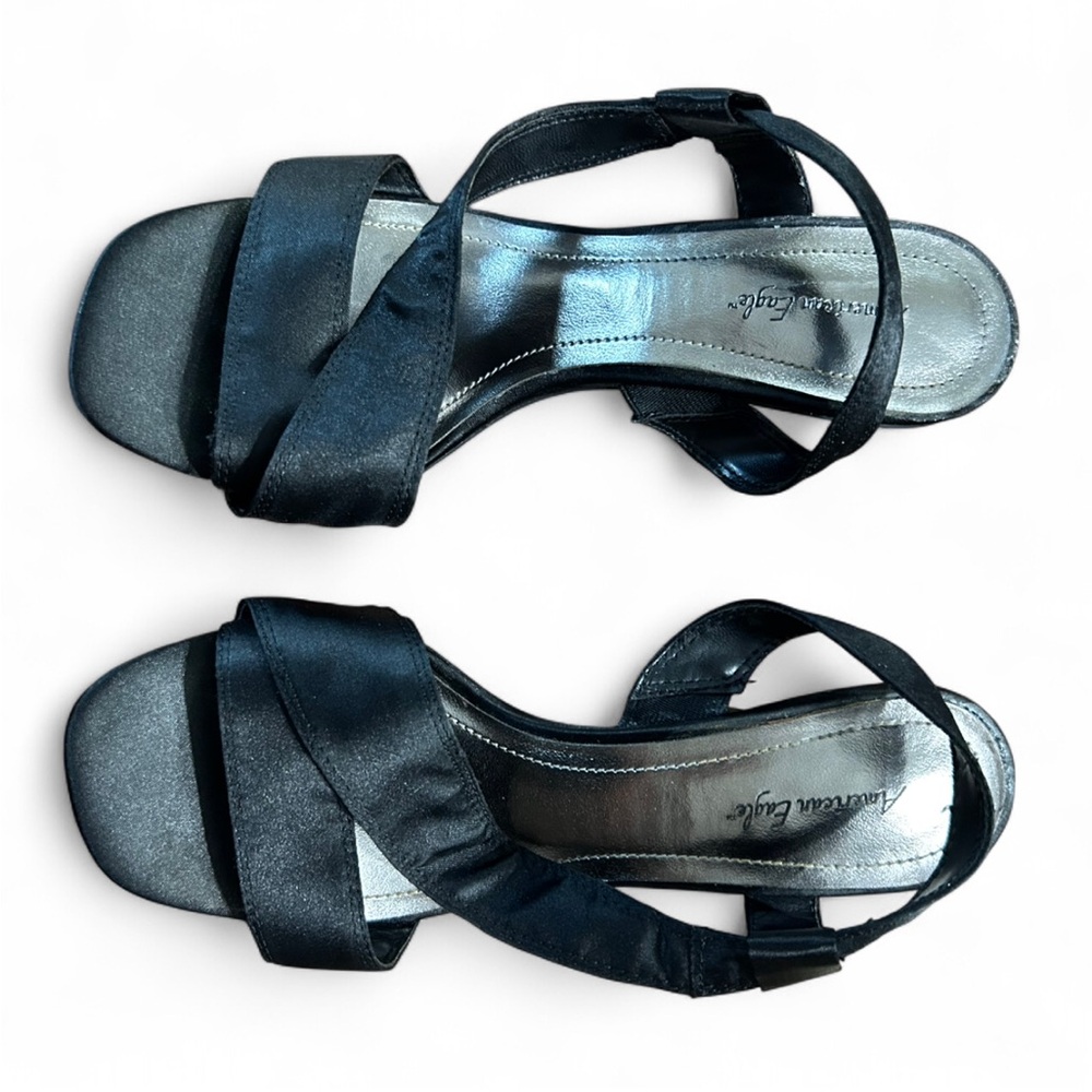 AMERICAN EAGLE Black Satin Heeled Sandals With Ankle Strap 6 1/2 Good Condition - Picture 4 of 8